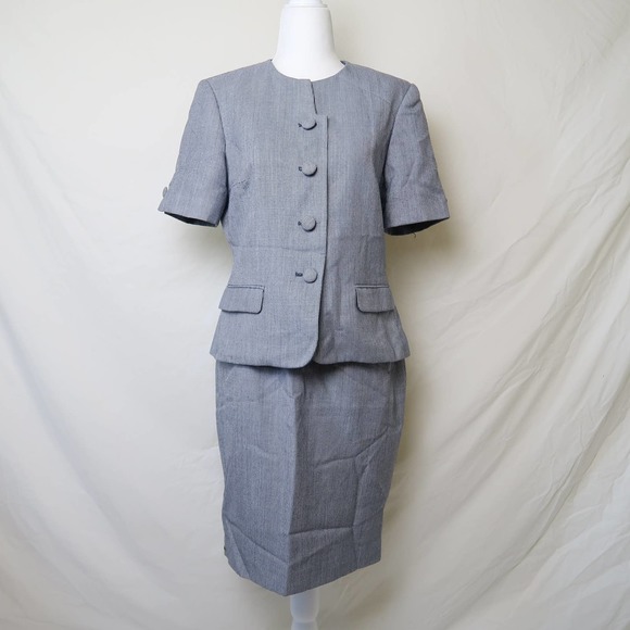 Vintage 90s Emily navy blue and white checker print skirt suit set 8P - Picture 1 of 10